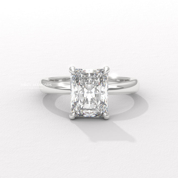 Radiant cut engagement ring side view showing band detail
