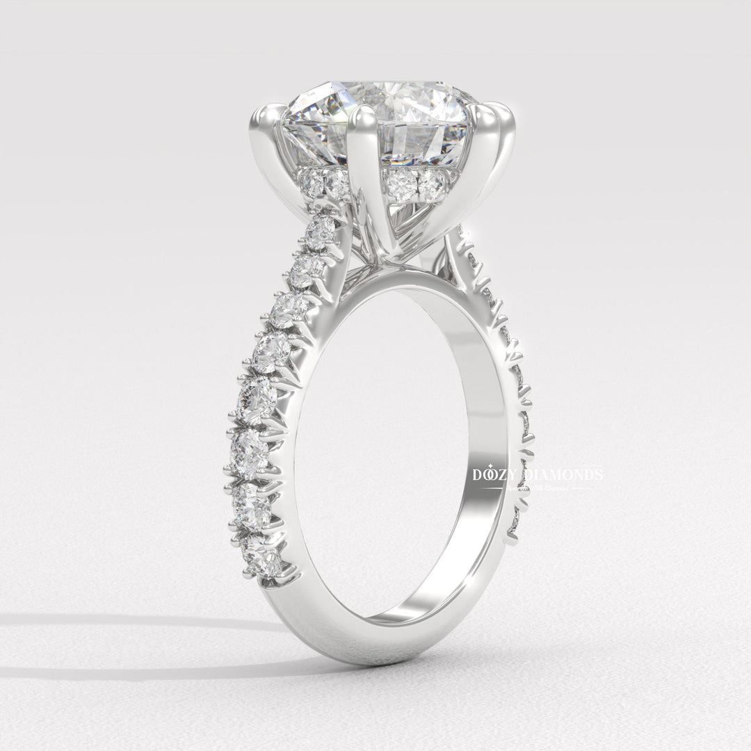 Handcrafted round cut hidden halo lab grown diamond engagement ring