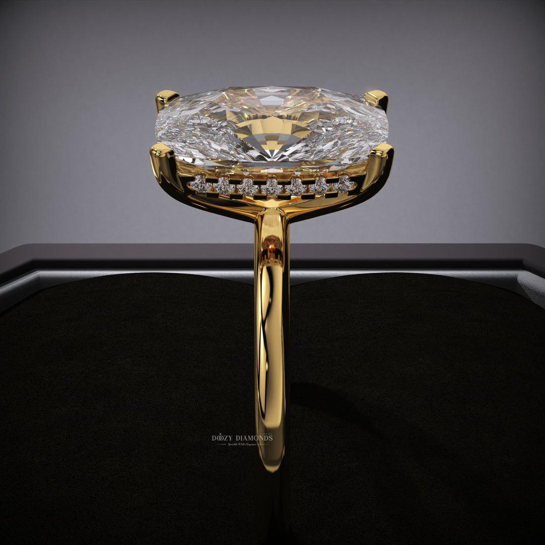 Unboxing view of cushion cut hidden halo diamond engagement ring