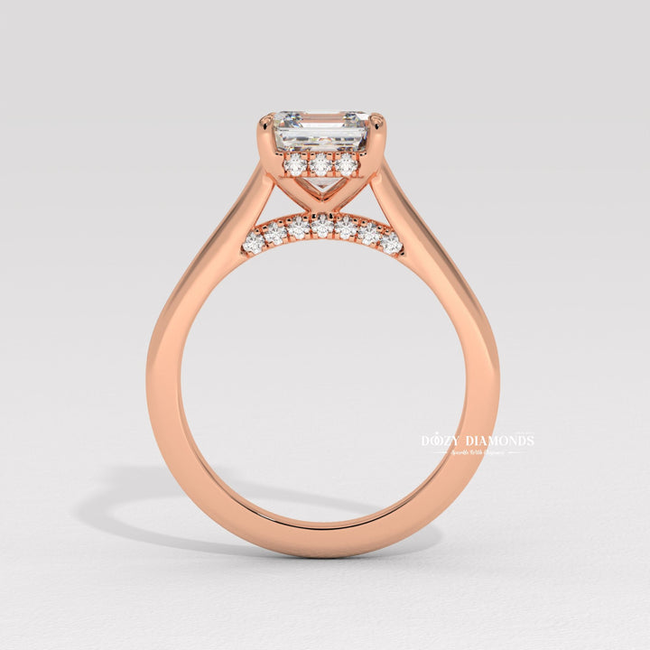 Fine craftsmanship detail on asscher hidden halo engagement ring