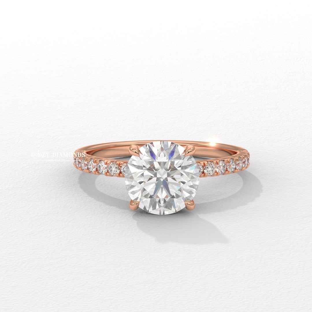 Round pave lab grown diamond ring side profile in gold setting