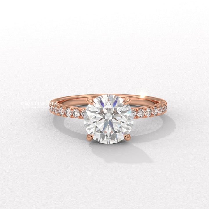Round pave lab grown diamond ring side profile in gold setting