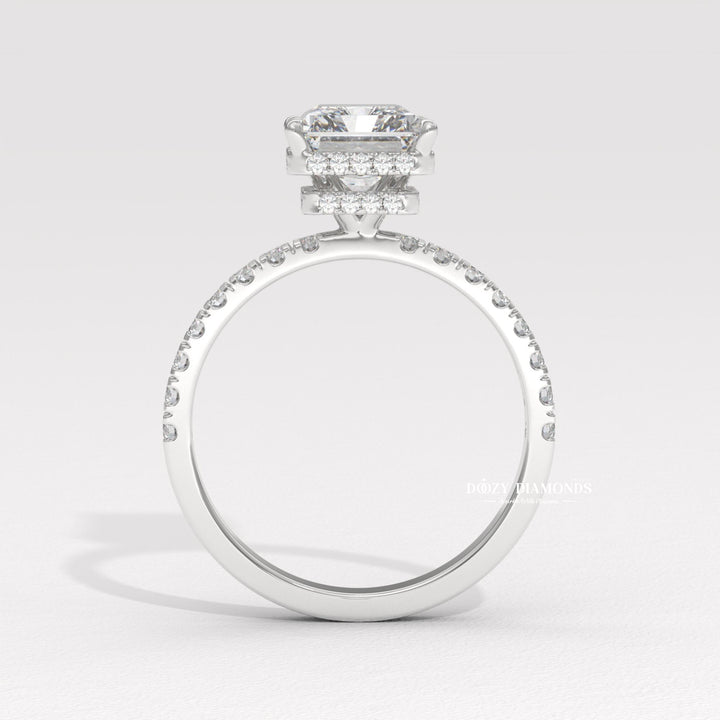 Certified radiant cut diamond featured in halo engagement ring