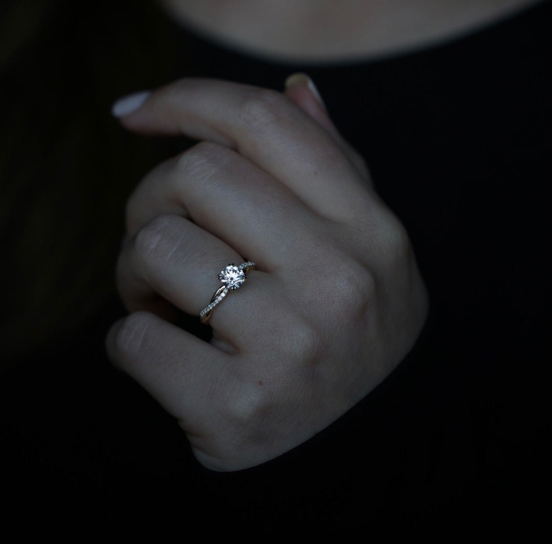 Detailed close-up of round solitaire diamond engagement ring