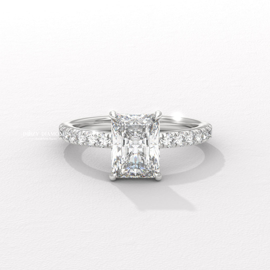 Top-down view of radiant cut solitaire engagement ring