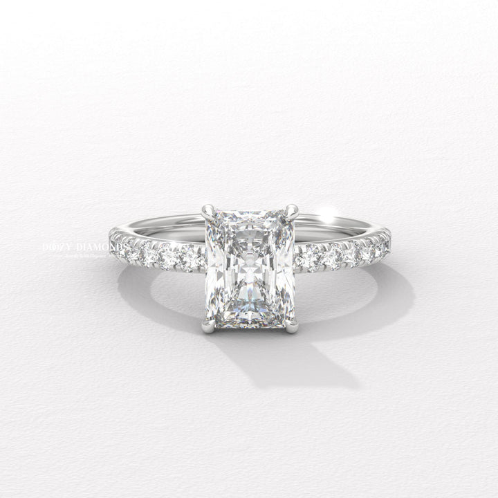 Top-down view of radiant cut solitaire engagement ring