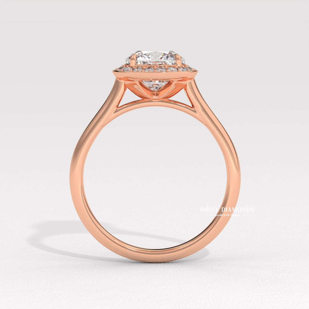 Cushion halo diamond ring presented in signature gift packaging