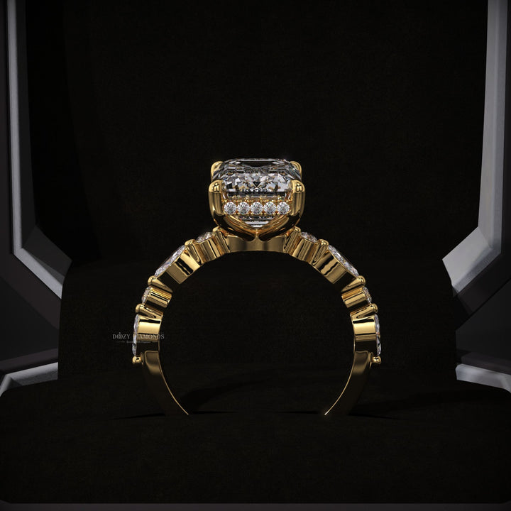 Emerald hidden halo diamond ring displayed on jewelry stand
