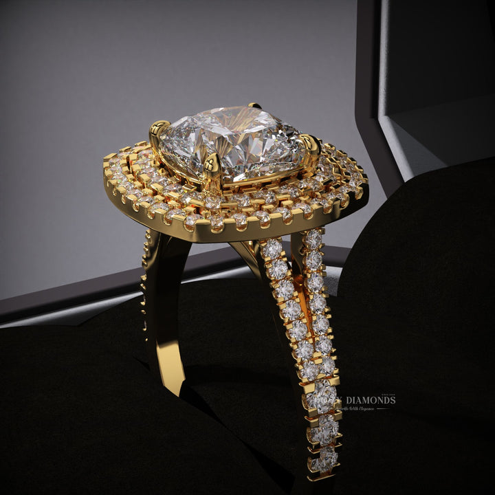 Cushion split shank ring set with an IGI graded diamond