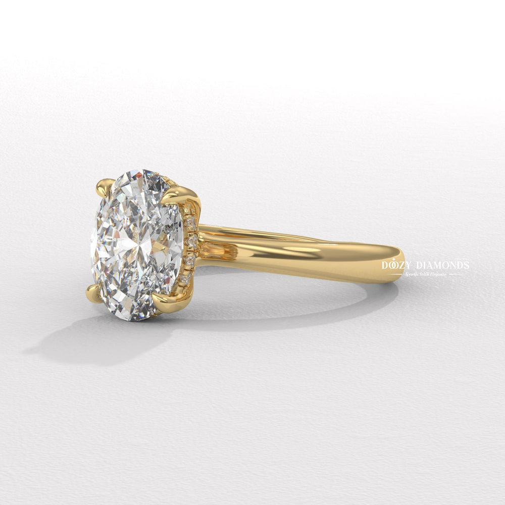 Profile view of oval cut solitaire engagement ring band