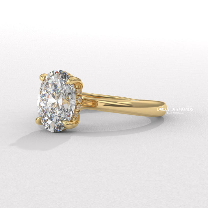 Profile view of oval cut solitaire engagement ring band