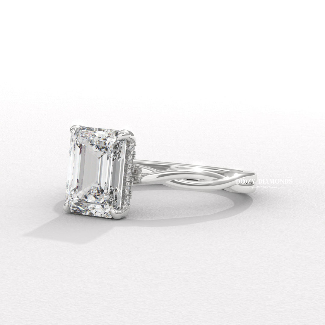 Top-down view of emerald cut solitaire engagement ring