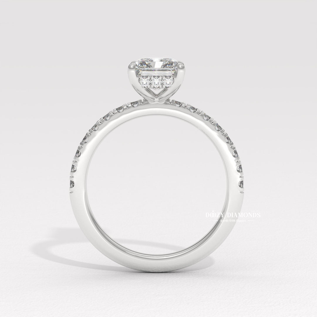 Angled view of radiant cut diamond in solitaire setting