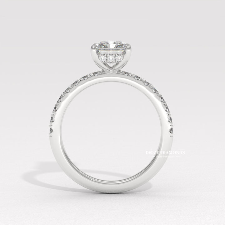 Angled view of radiant cut diamond in solitaire setting