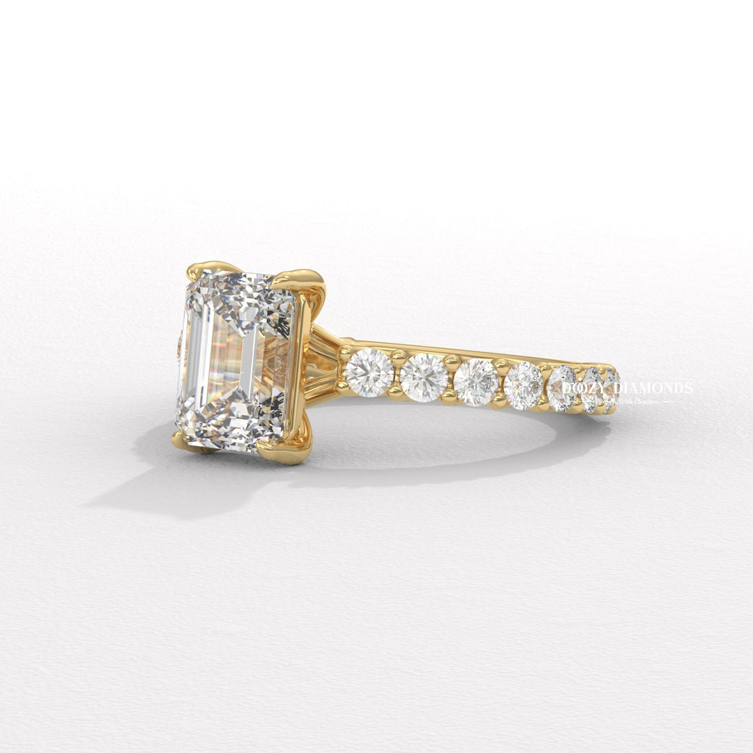 Side angle of emerald pave diamond engagement ring