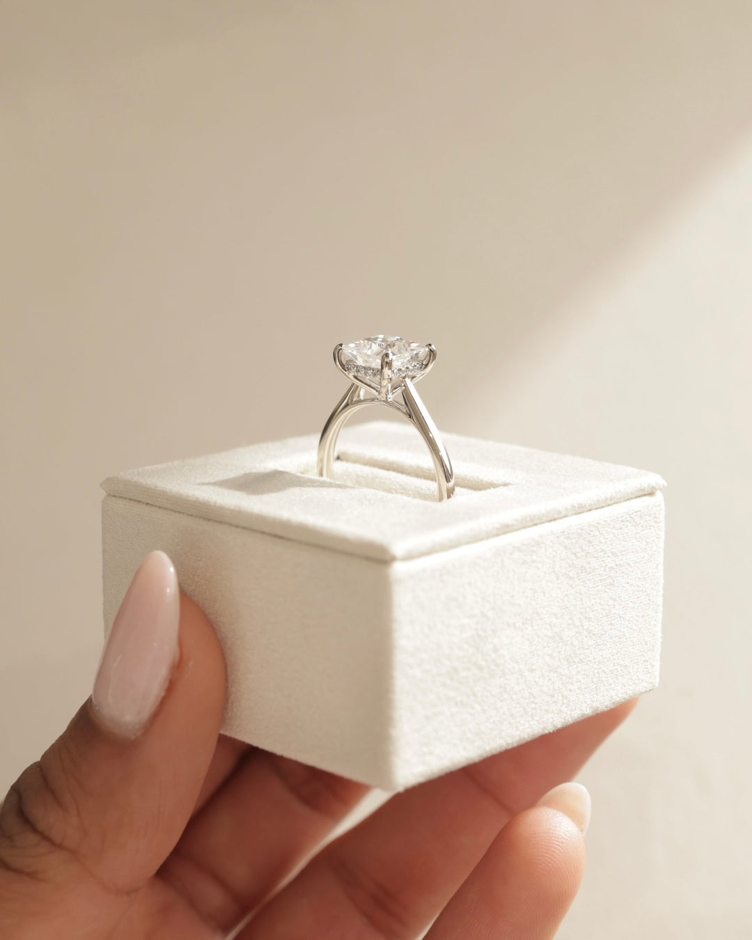 elegant diamond mounting, refined diamond setting, princess diamond mounting, secure princess setting, classic princess halo style, modern princess hidden halo ring, luxury princess engagement setting,