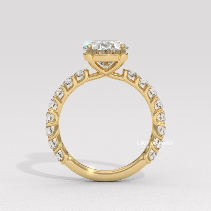 Oval pave engagement ring close-up showing high clarity diamond clarity
