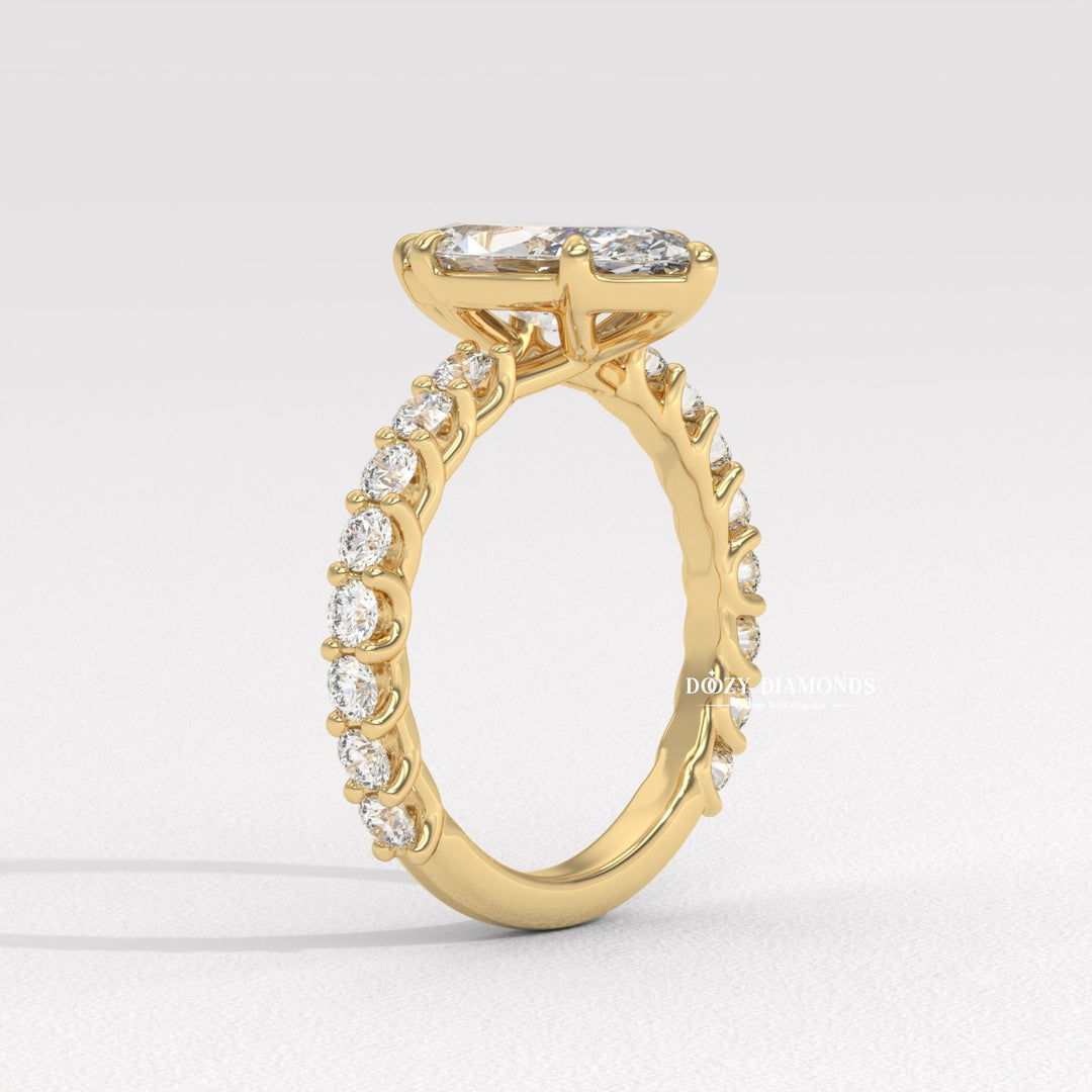 Marquise solitaire lab grown diamond ring side profile in gold setting