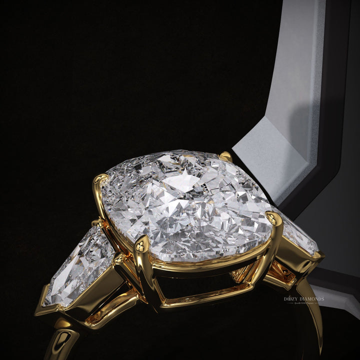 Cushion three stone diamond engagement ring available in multiple metals