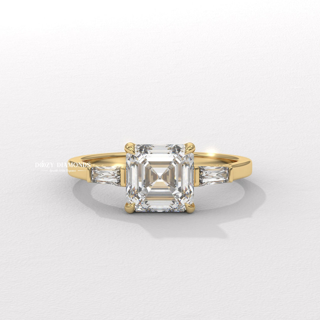 Discover asscher three stone lab grown diamond engagement ring online