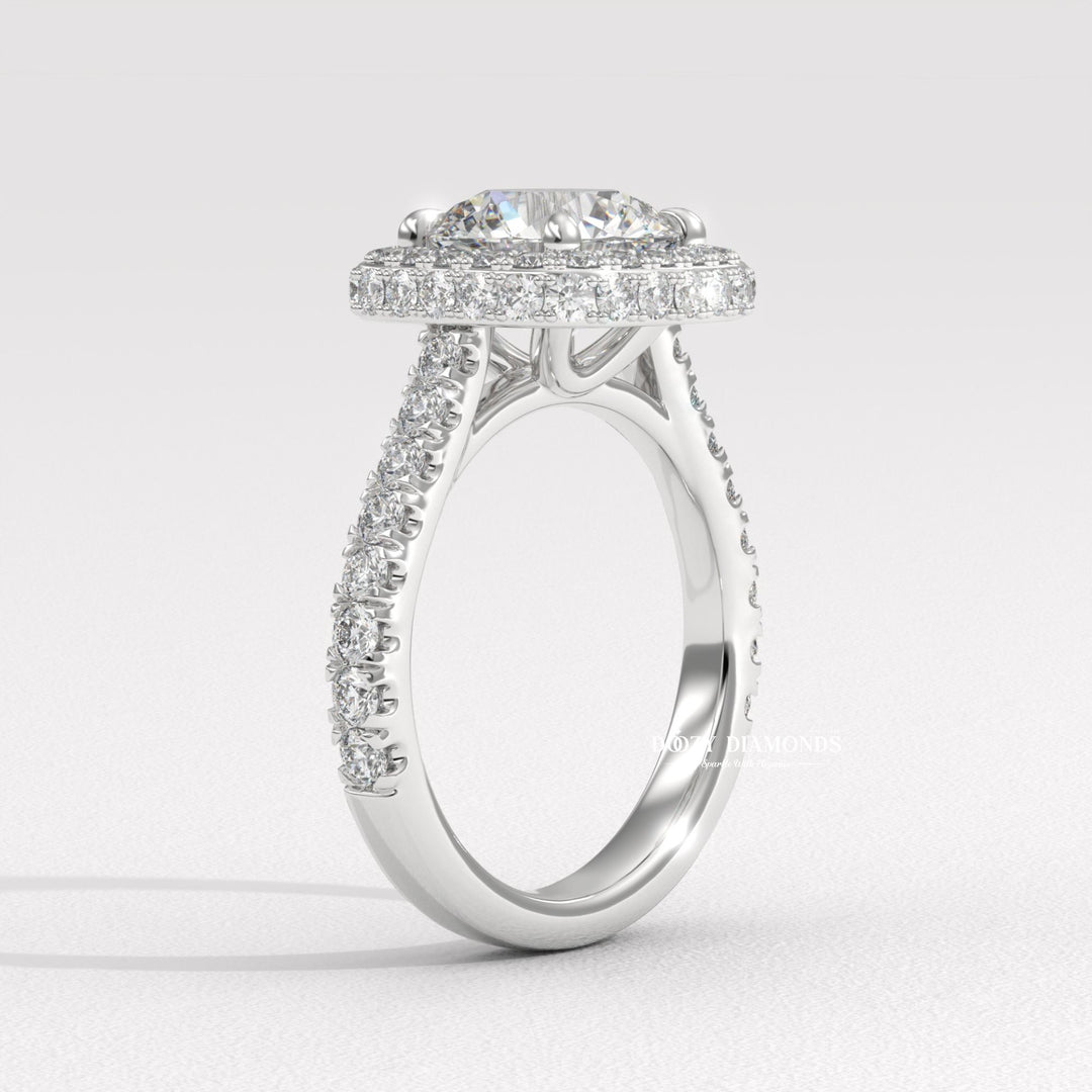 IGI certified round cut diamond in halo engagement ring setting