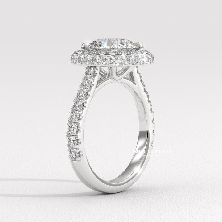 IGI certified round cut diamond in halo engagement ring setting