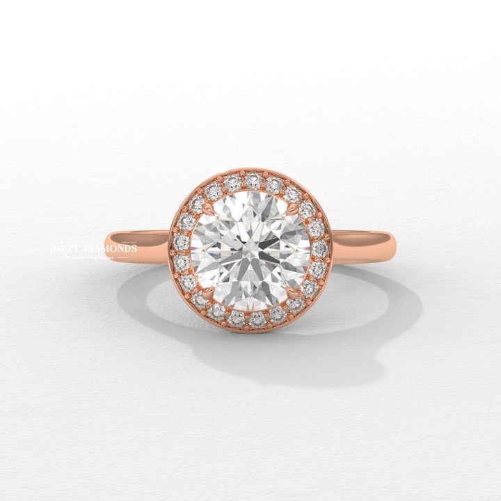 Fine craftsmanship detail on round halo engagement ring