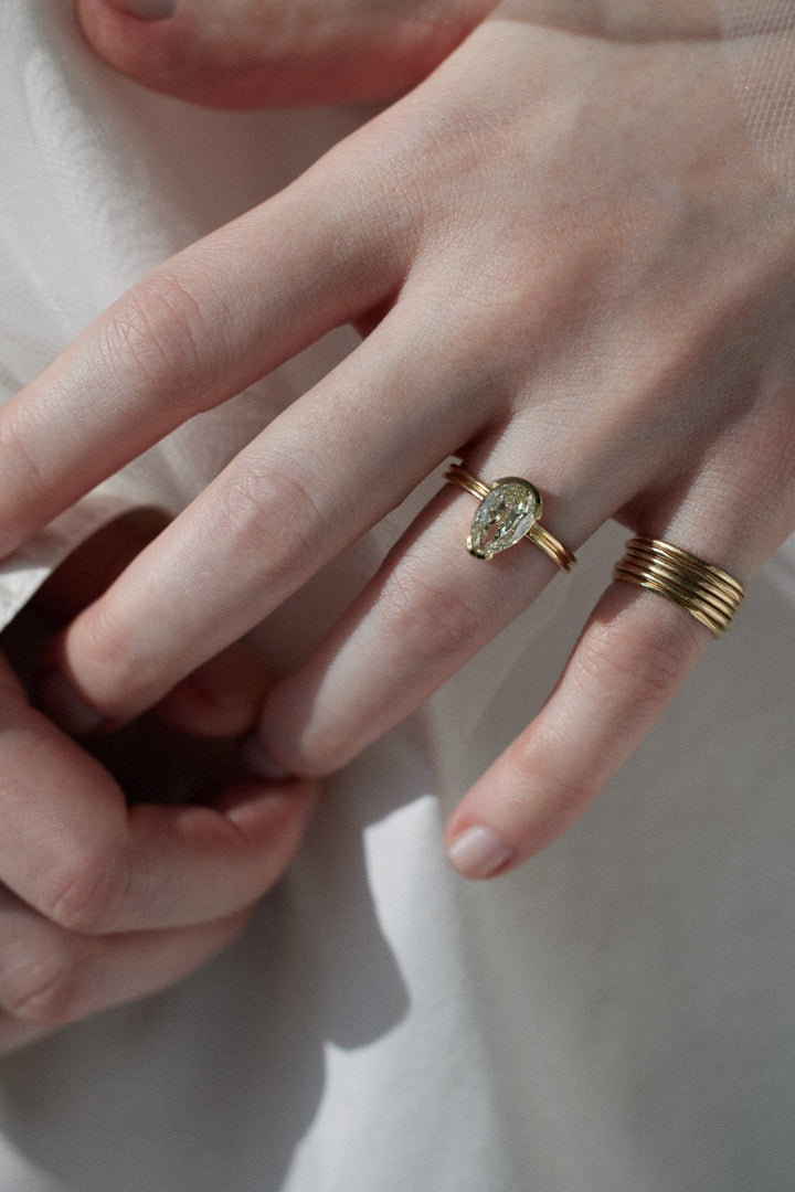 1.60CT Half Bezel Set Pear F - VS Lab Grown Diamond Ring with Half - Round Band - Doozy Diamonds