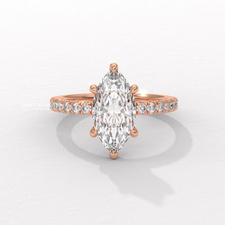 Fine craftsmanship detail on marquise pave engagement ring