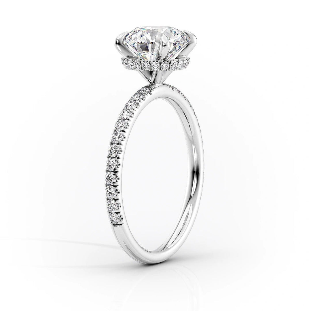 Round hidden halo engagement ring close-up showing F/VS1 diamond clarity