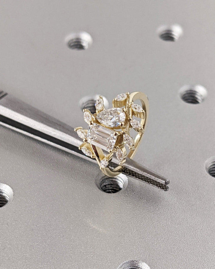 Pear cluster engagement ring with certified lab grown diamond