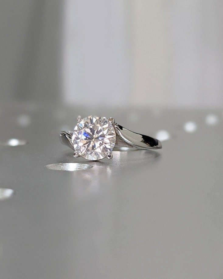 Round solitaire lab grown diamond ring fitted on finger