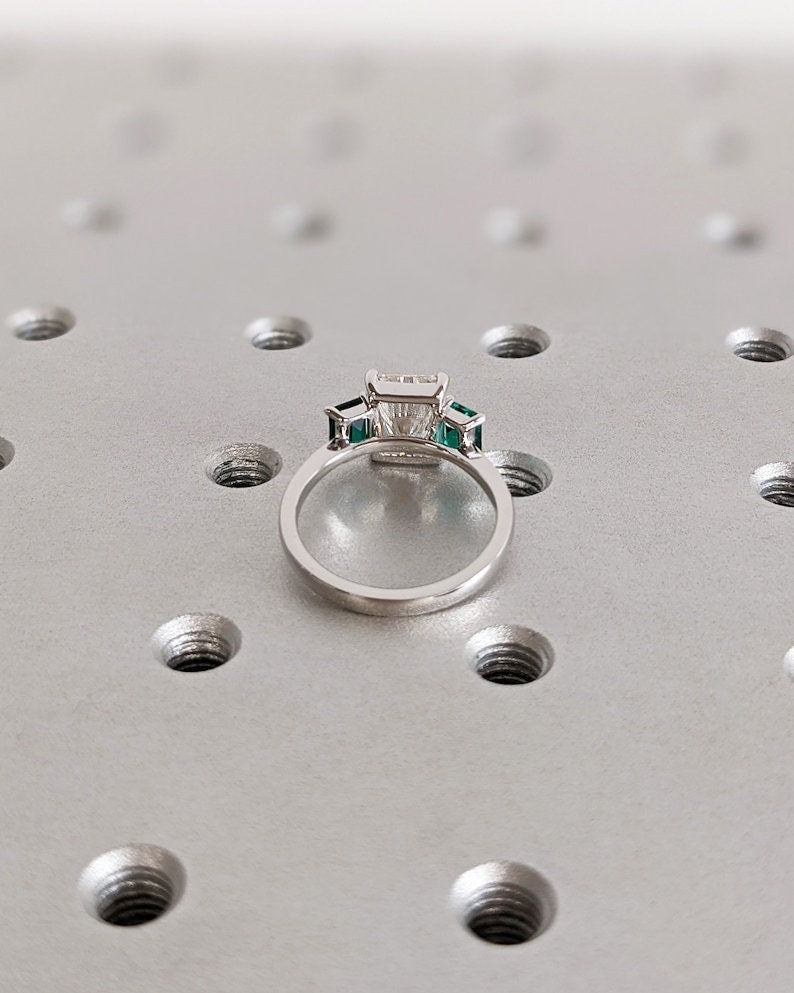 Radiant three stone lab grown diamond ring in jewelry gift box