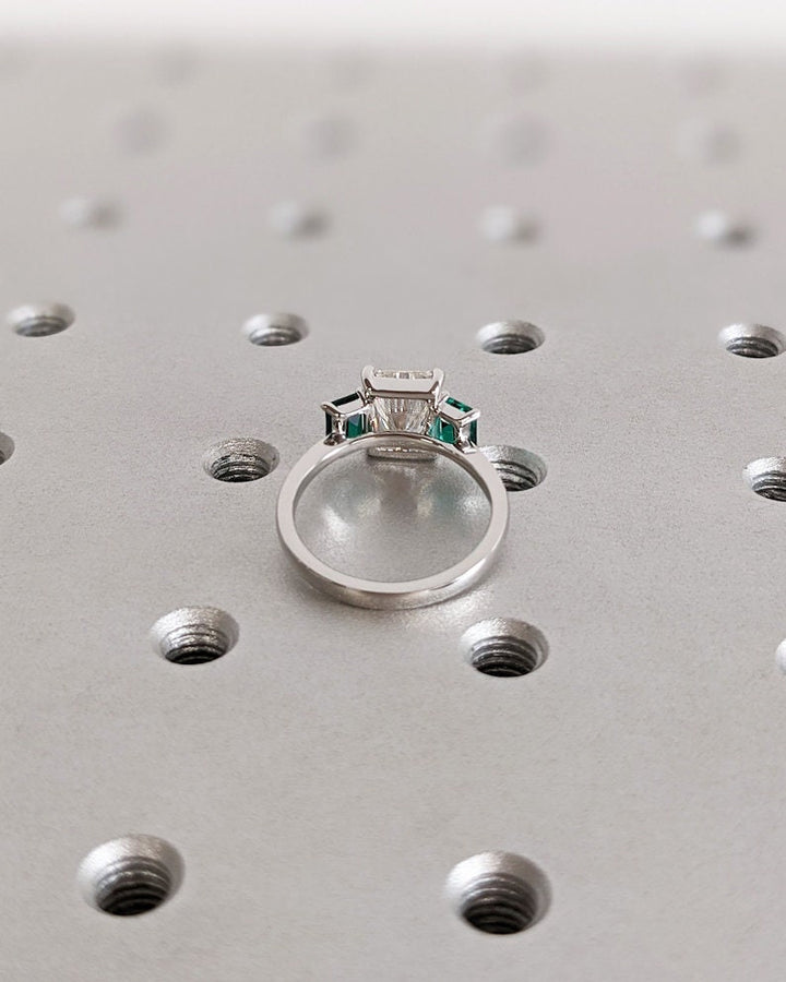 Radiant three stone lab grown diamond ring in jewelry gift box