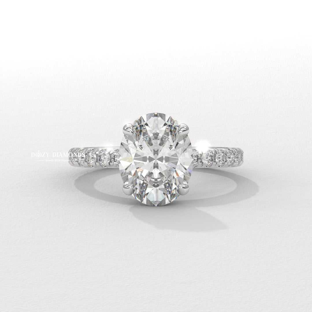 Oval cut engagement ring side view showing band detail