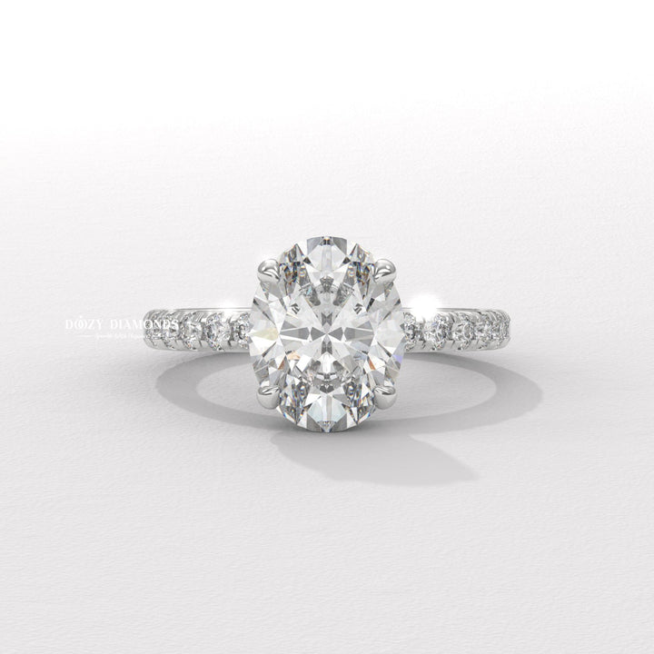 Oval cut engagement ring side view showing band detail