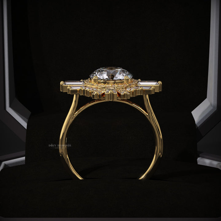 Oval cluster lab grown diamond ring side profile in gold setting