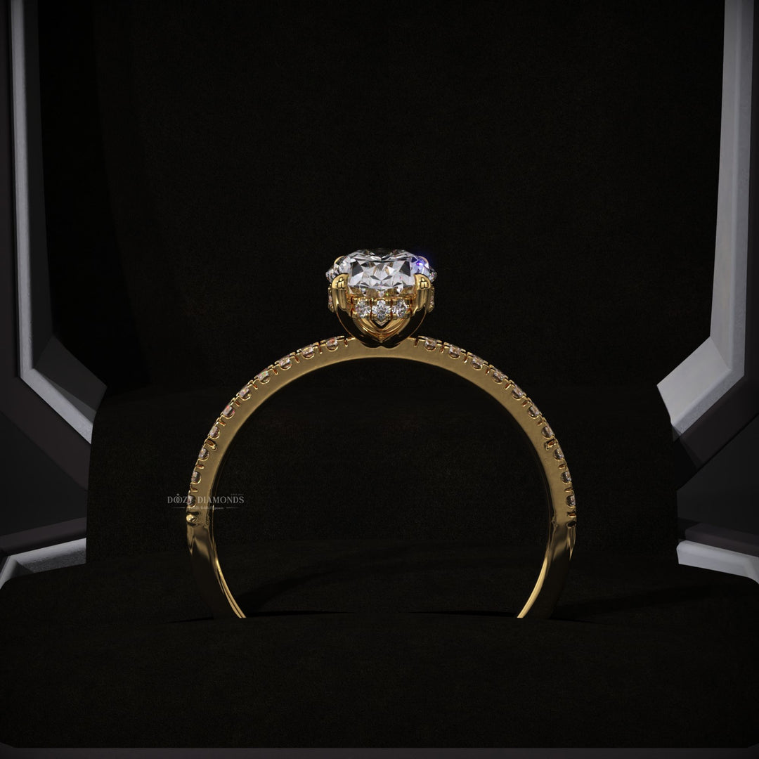 Oval cut engagement ring side view showing band detail