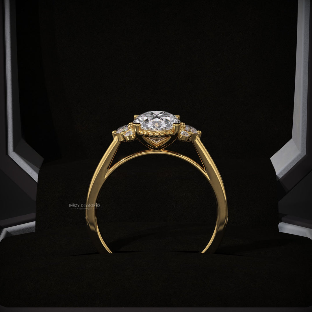 Oval cut engagement ring side view showing band detail