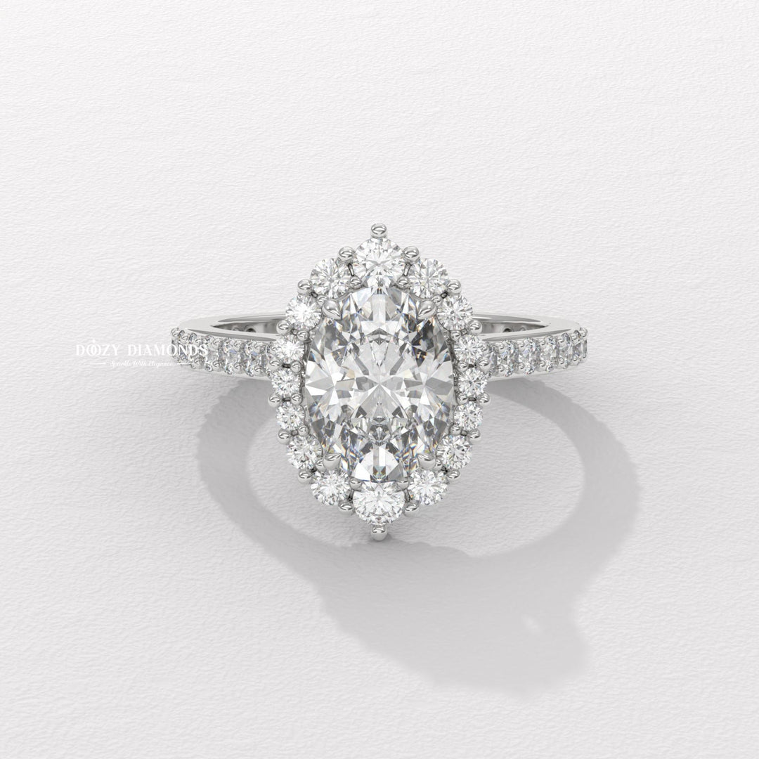 Oval cut halo engagement ring with IGI certified center diamond