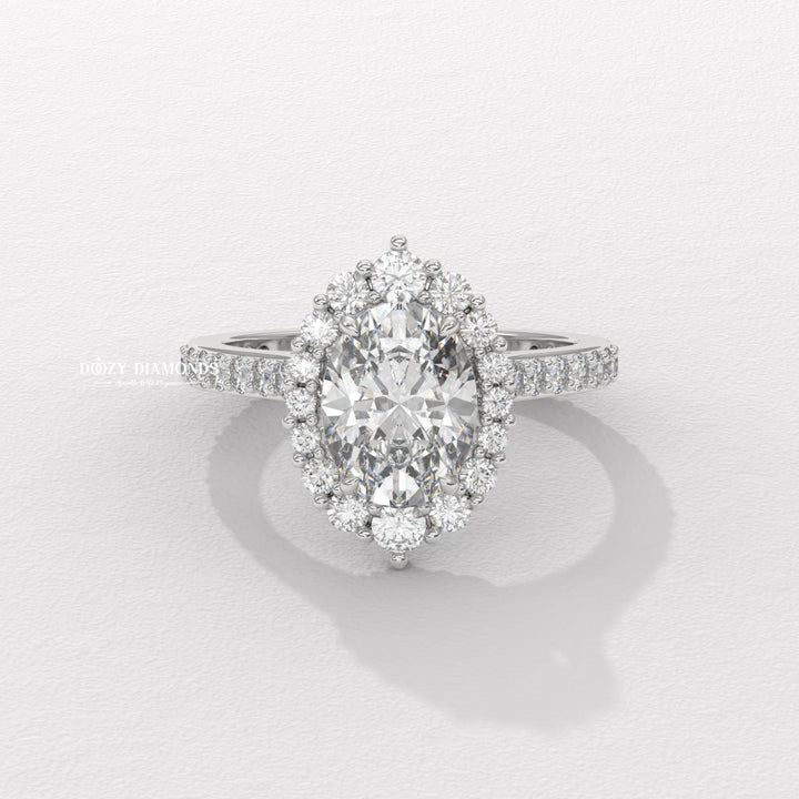 Oval cut halo engagement ring with IGI certified center diamond