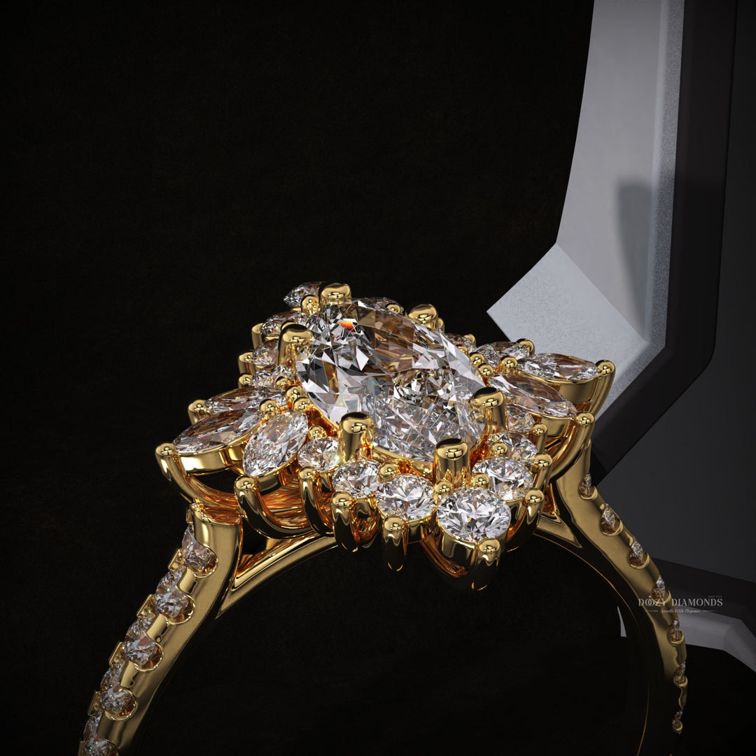 Close-up of marquise cut center diamond in cluster engagement ring