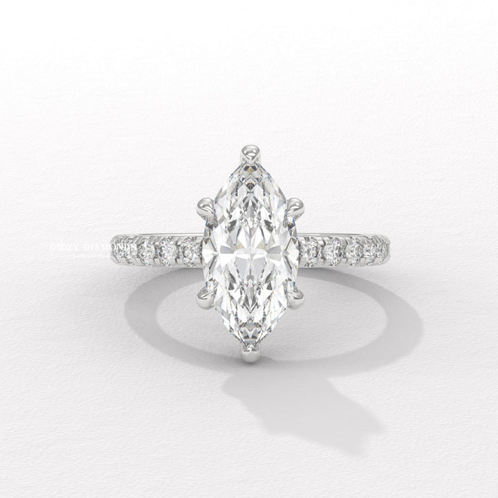 Marquise solitaire lab grown diamond ring side profile in gold setting