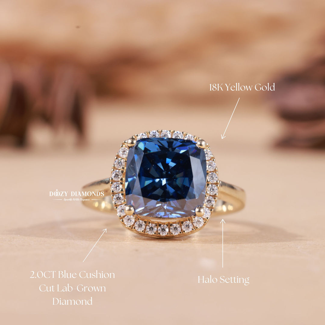 Cushion halo engagement ring shown on hand for true-to-life sizing