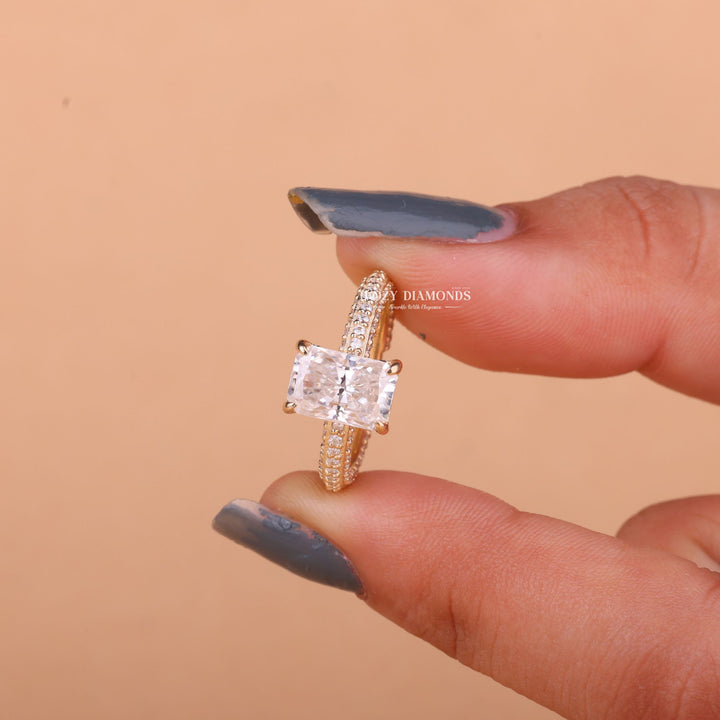 Side angle of radiant pave diamond engagement ring