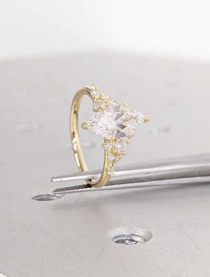 Marquise cluster lab grown diamond ring side profile in gold setting