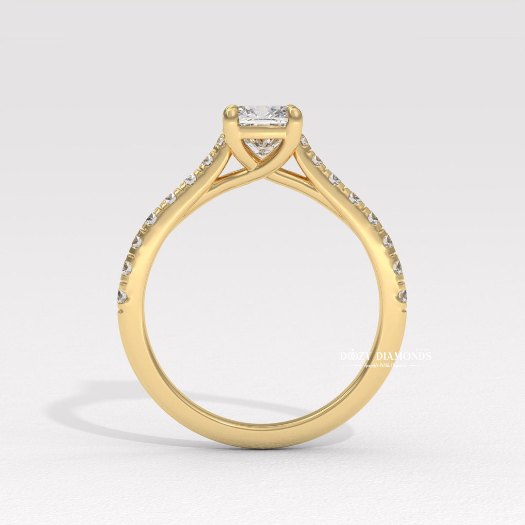 Macro shot of cushion cut diamond facets in solitaire ring setting