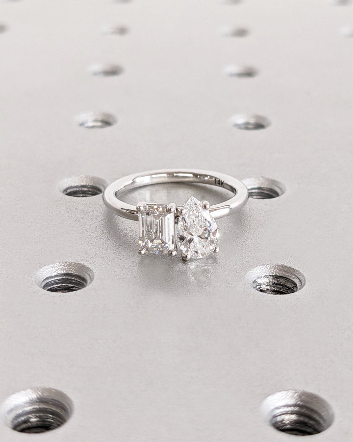 Pear solitaire engagement ring close-up showing high clarity diamond clarity
