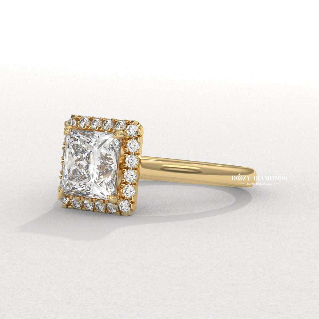 Princess solitaire engagement ring photographed in natural light