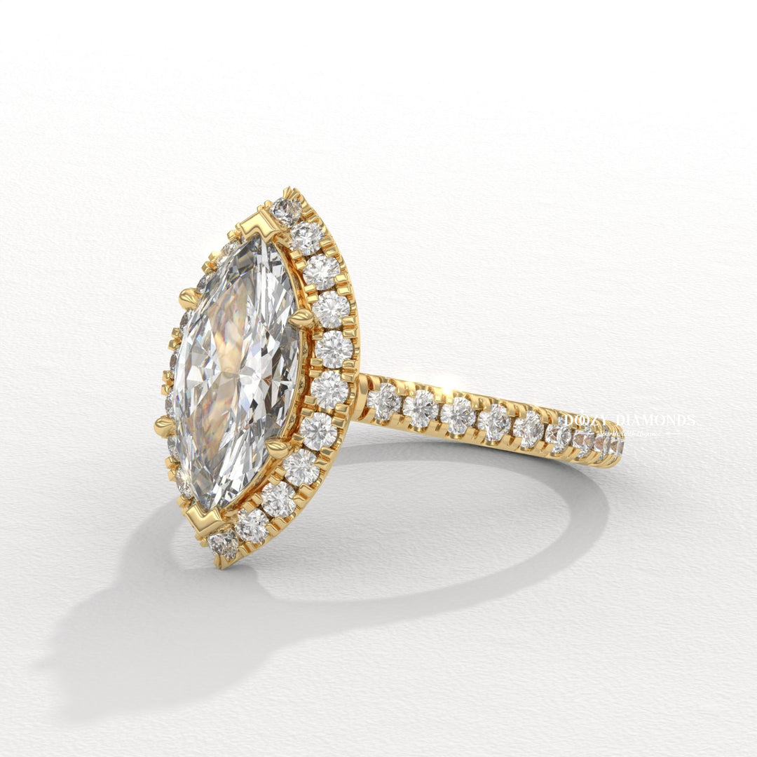 Marquise solitaire engagement ring photographed in natural light